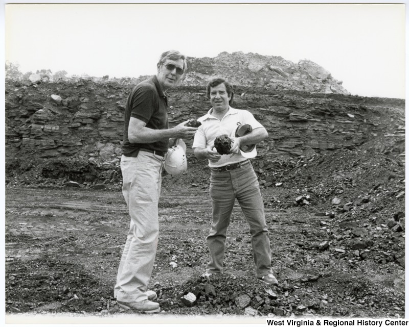 From left to right in photo, Congressmen Morris Udall (D-AZ) and Nick Rahall, II (D-WV), at a tour of Eastern Associated Coal Corporation's coal mine in the summer of 1983.