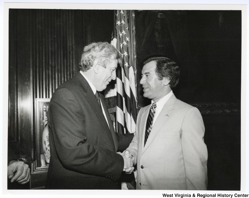 Dr. Garret FitzGerald, Prime Minister of Ireland, and Congressman Nick Rahall (right) shake hands after FitzGerald addressed a joint meeting of Congress.
