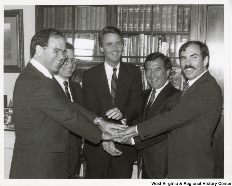 From left to right: Congressman Allan Mollohan, an unidentified man, Congressman Mike Staton, Congressman Nick Rahall II, and Congressman Bob Wise.