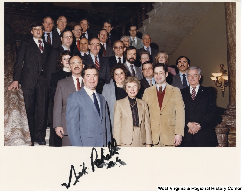U.S. Senate Group photo with Congressman Harley O. Staggers, Jr. (left, row four) and Congressman Nick Rahall II (left, row one), and Senator Robert C. Byrd (right, row one) with unidentified West Virginia delegation and government officials.