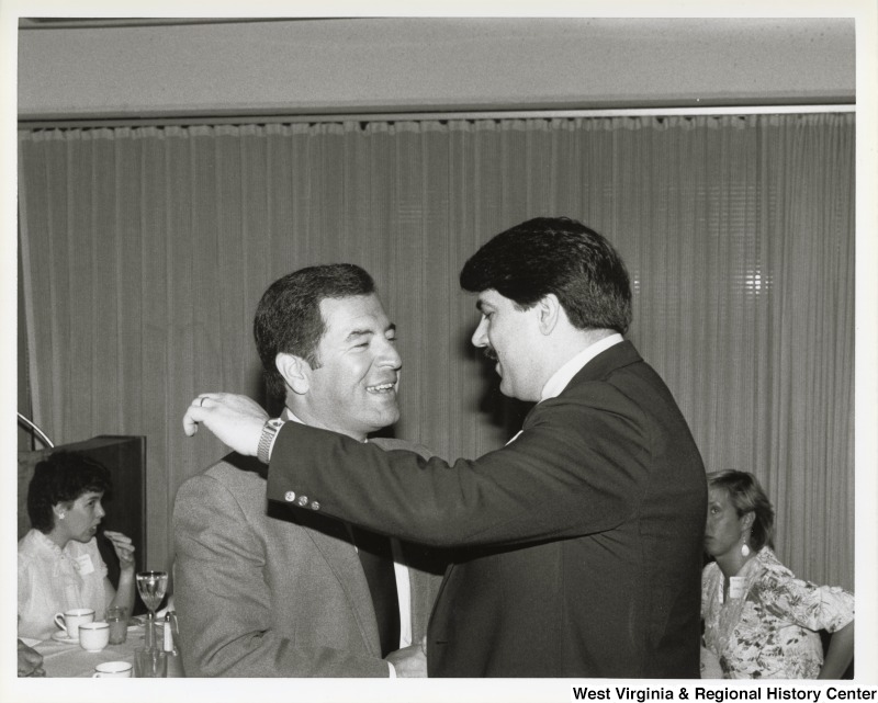 Representative Nick J. Rahall (D-W.Va.) talking to Richard Trumka, president of the United Mine Workers of America (UMWA).