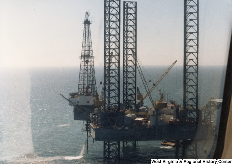 A Mobil Corporation oil rig in the Gulf of Mexico off the coast of New Orleans, Louisiana. The photograph was taken during Representative Nick Rahall's visit to the site.