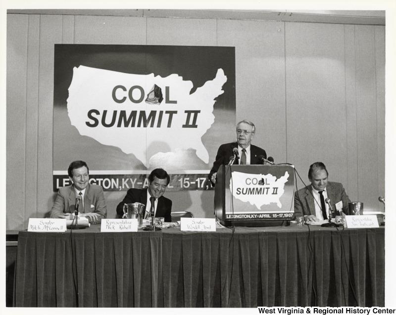 Senator Wendell Ford speaking at Coal Summit II. From left to right, Senator Mitch McConnell (R-KY); Congressman Nick Rahall (D-WV); Senator Wendell Ford (D-KY) and Congressman James Traficant (D-OH).