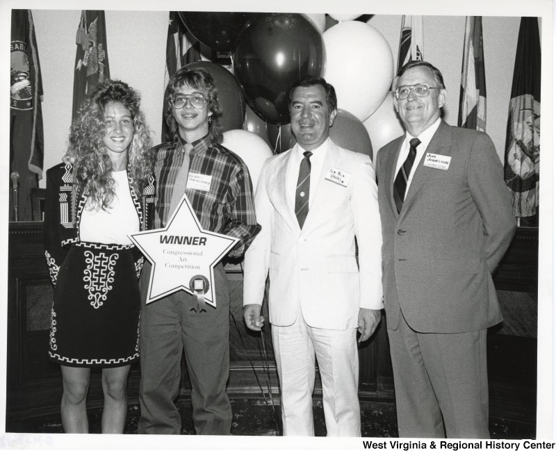 From left to right: Holly Vanderbraats; Richard Shrewsbury-Princeton; Congressman Nick Rahall; Jim Johnston. Congressional Art Competition 1988.