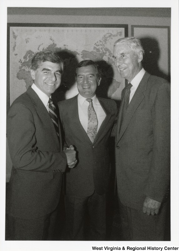 From left to right, Governor and presidential nominee Michael Dukakis (D-MA); Congressman Nick Rahall (D-WV); Senator and vice presidential nominee Lloyd Bentsen (D-TX).