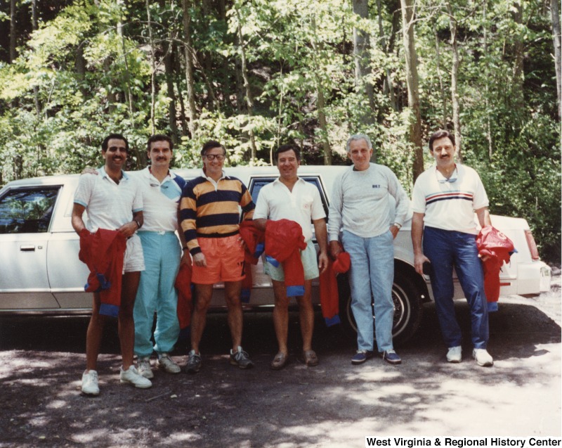 From left to right, Clyde Walton; Tony Culley-Foster; Gerry Burkot; Congressman Nick Rahall; Nicholas Wills; Ambrose Ethington before rafting the New River Gorge National River.