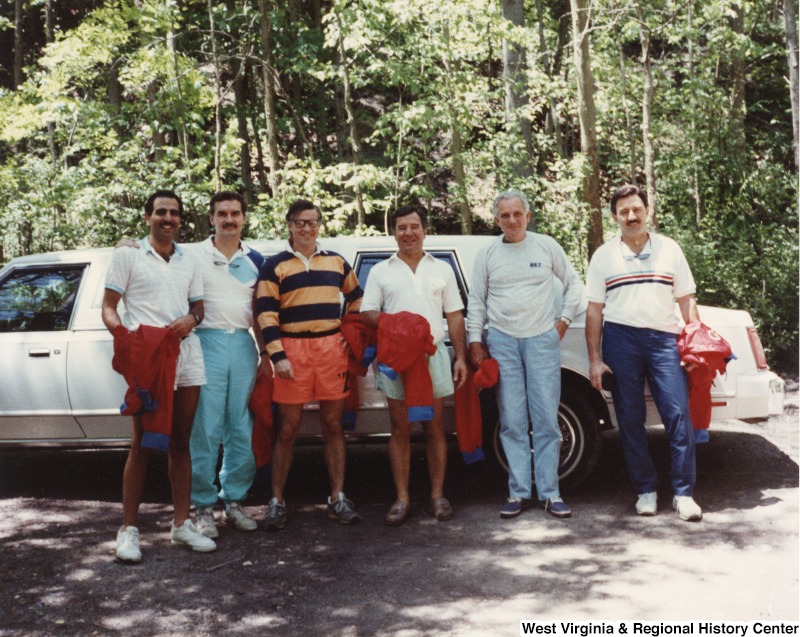From left to right, Clyde Walton; Tony Culley-Foster; Gerry Burkot; Congressman Nick Rahall; Nicholas Wills; Ambrose Ethington before rafting the New River Gorge National River.