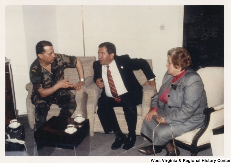 Congressman Nick Rahall (D-WV) and Congresswoman Mary Rose Oakar speaking with General Michel Aoun (now president of Lebanon) at the Baabda Presidential Palace in Beirut, Lebanon.