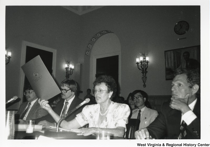 L-R: Mr. Zacher, Jim McNeel, Ms. Compton, unidentifiedThese four sit at a panel behind microphones in front of a crowd at the New River hearing.