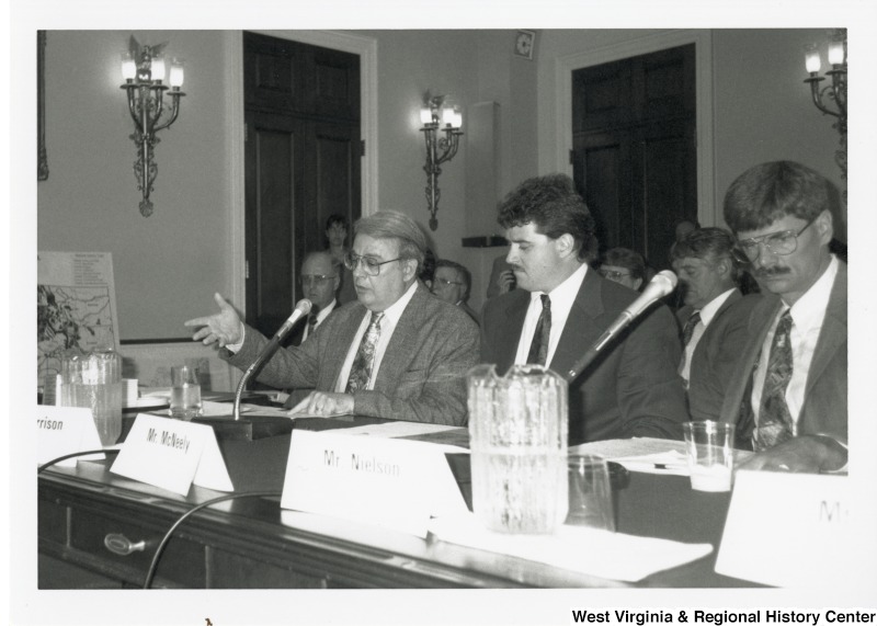 From left to right: An unidentified man, Mr. McNeely, and Mr. Nelson at a hearing for the WV Rivers Conservation Act.