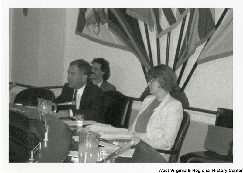 Congressman Nick Rahall (D-WV) and two unidentified people at a hearing for the West Virginia Rivers Conservation Act of 1993.