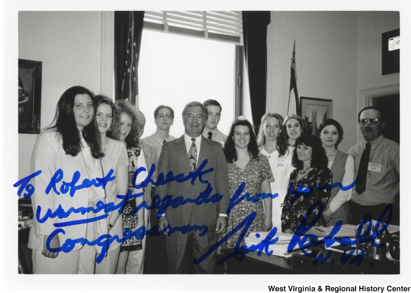 Congressman Nick Rahall (D-WV) with Boone County students in his D.C. office. The photo is signed: "To Robert Cheeck, Warmest regards from your Congressman, Nick Rahall, W.Va. "