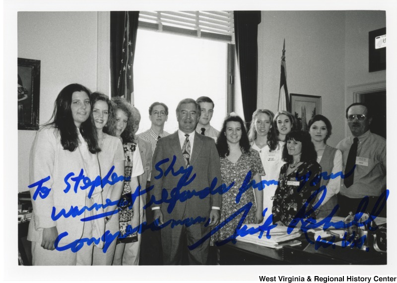 Congressman Nick Rahall (D-WV) with a group of Boone County students in D.C. office. The photo is signed: "To Stephen Shy, Warmest regards from your Congressman, Nick Rahall, W.Va. "