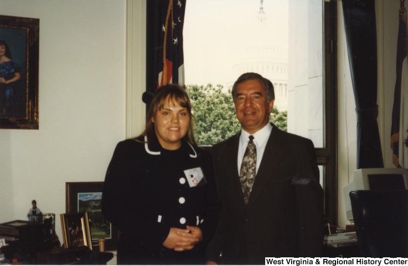 On the right, Representative Nick J. Rahall (D-W.Va.) stands with an unidentified woman from the National Young Leaders Conference.