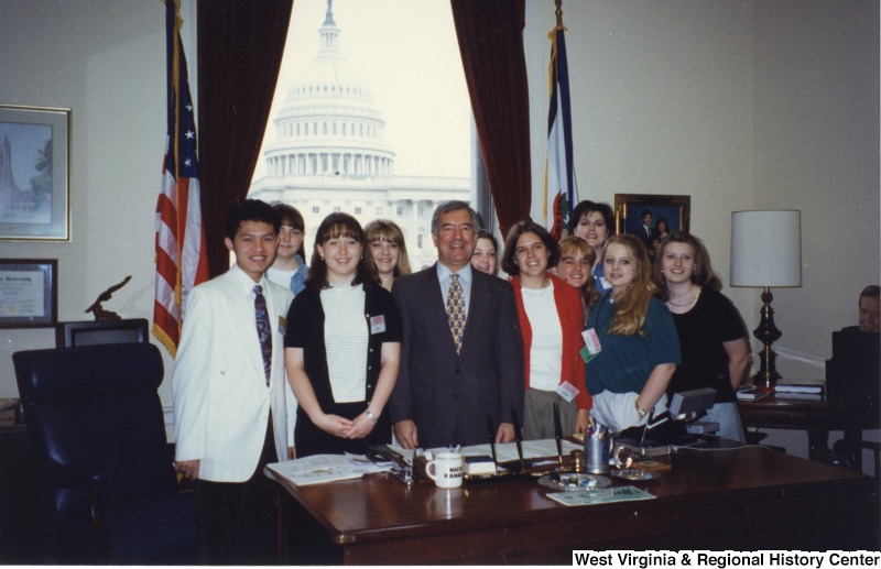 Congressman Nick Rahall (D-WV) with a group of unidentified students from Daniels, West Virginia in his D.C. office.