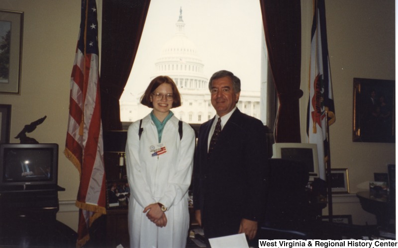 Congressman Nick Rahall (D-WV) with an unidentified student from Logan County, West Virginia in his D.C. office.