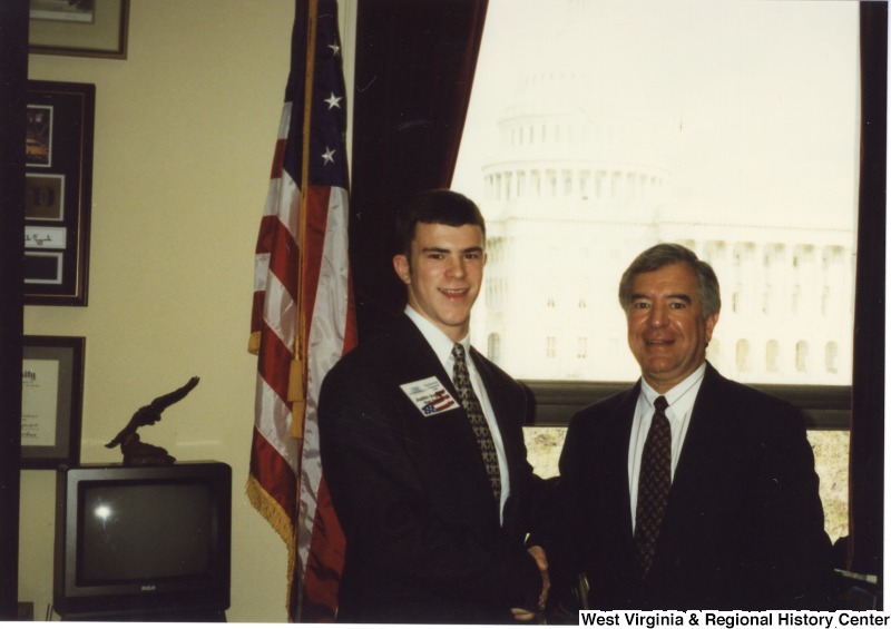 Congressman Nick Rahall with West Virginia student Justin Ingram in his D.C. office.