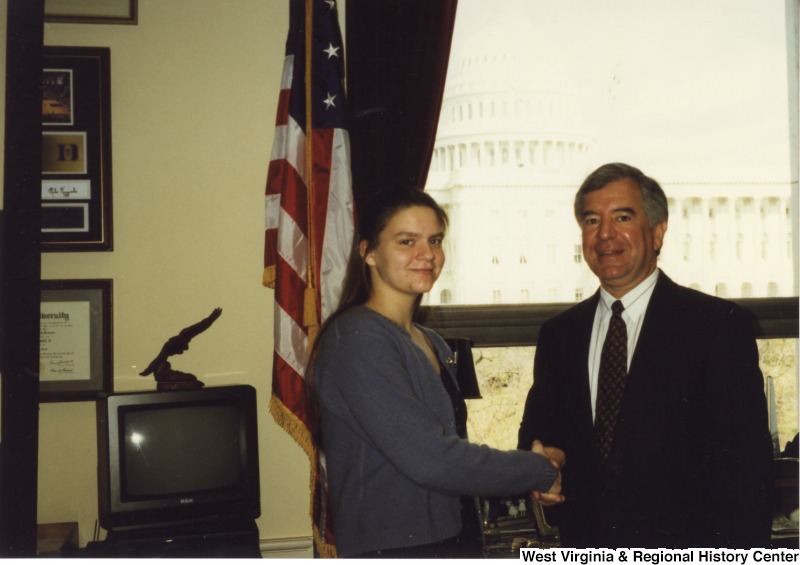Congressman Nick Rahall (D-WV) with West Virginia student Kate Hopta in his D.C. office.