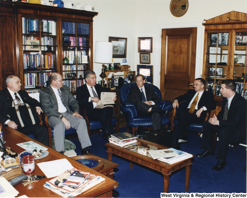 Congressman Nick Rahall (D-WV) with Allan Tackett, Sergeant First Class John F. Siech, Colonel Melvin Burch, Bill Raney, and  Major James Hoyer in his D.C. Office.