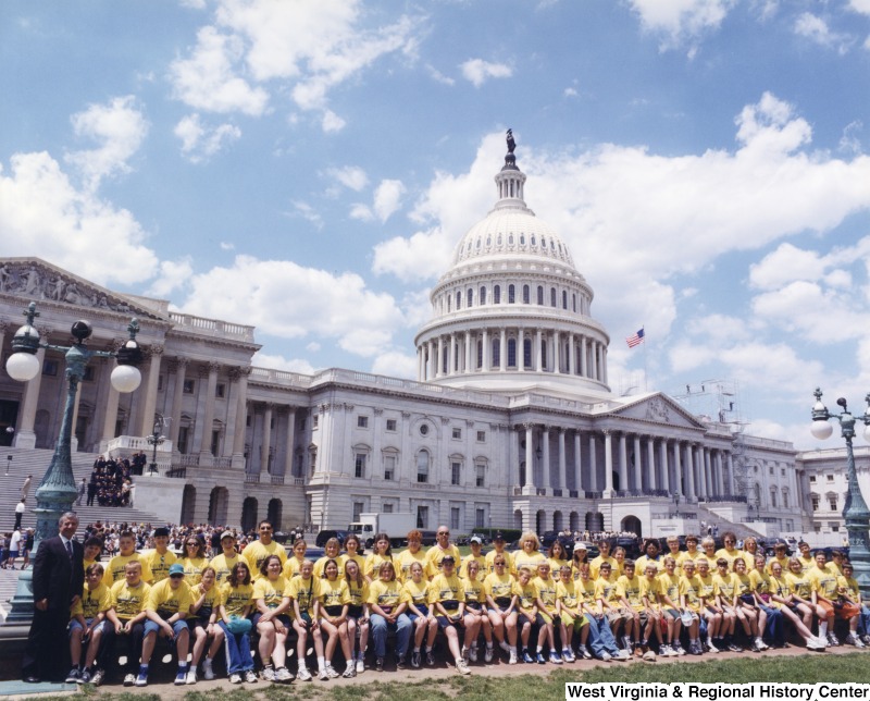Congressman Nick Rahall (D-WV) with unidentified Bradley Elementary School students in front of the United States Capitol building.