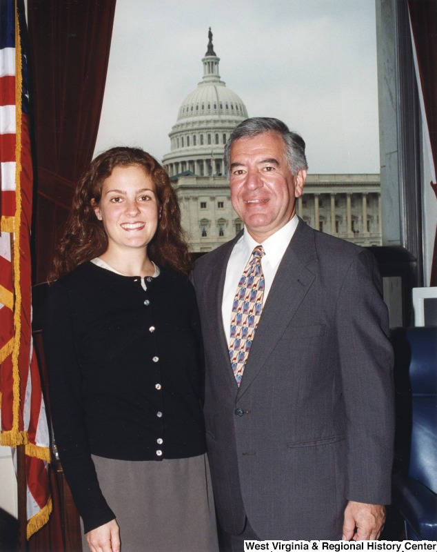 Congressman Nick Rahall (D-WV) with an unidentified female summer intern in front of the United States Capitol building.
