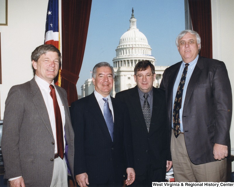 L-R: Byrd White, Representative Nick J. Rahall (D-W.Va.), Hampton Hensley, Jim JusticeThe four men stand for a photograph in Congressman Rahall's office.