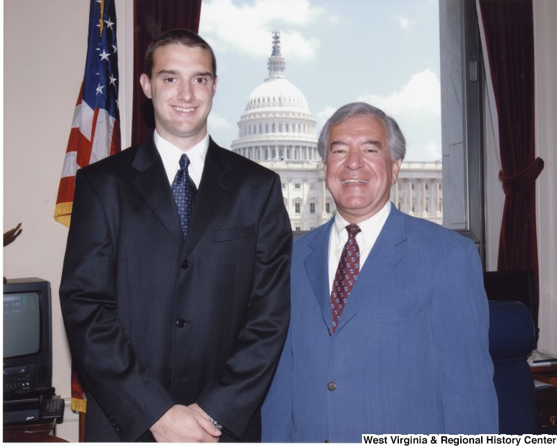 Congressman Nick Rahall (D-WV) with an unidentified male intern in his D.C. office.