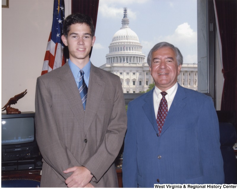 Congressman Nick Rahall (D-WV) with an unidentified male intern in his D.C. office.