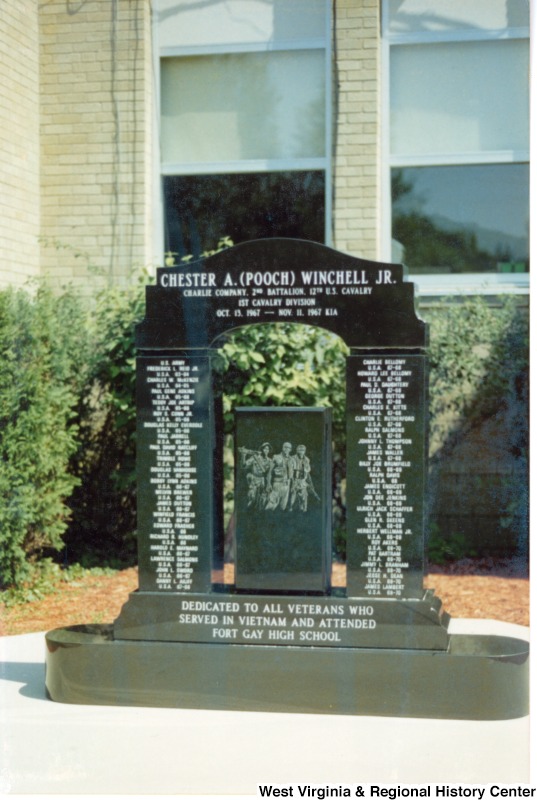 Monument for United States Vietnam War veterans at Fort Gay High School.Top inscription: "Chester A. (Pooch) Winchell Jr. Charlie Company . 2nd Battalion. 12th U.S. Calvary. 1st Calvary Division. Oct. 13, 1967 - Nov. 11 1967 KIA."Bottom inscription: "Dedicated to all veterans who served in Vietnam and attended Fort Gay High School"