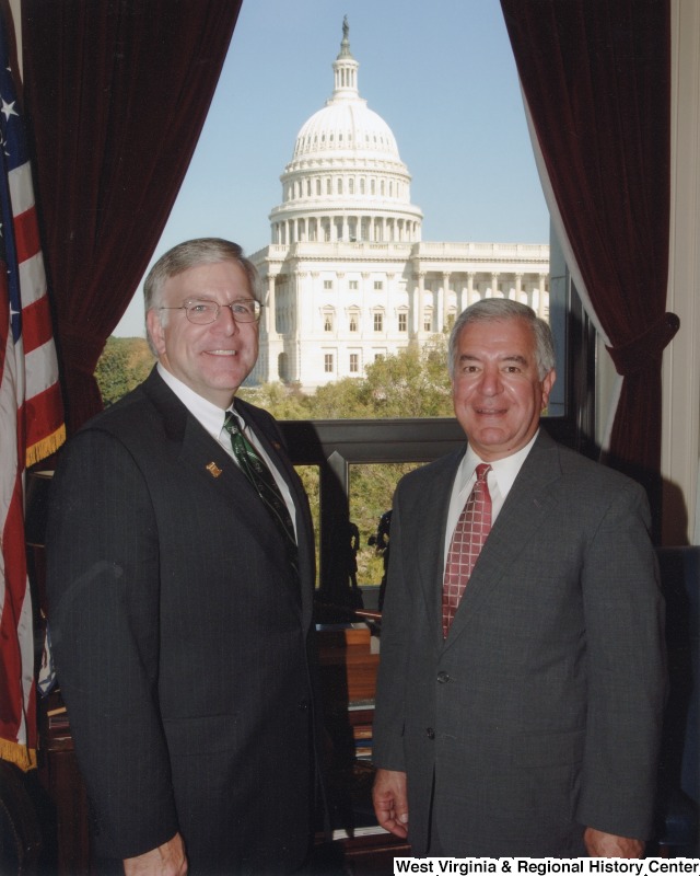 Congressman Nick Rahall (D-WV) with an unidentified man in his D.C. office.