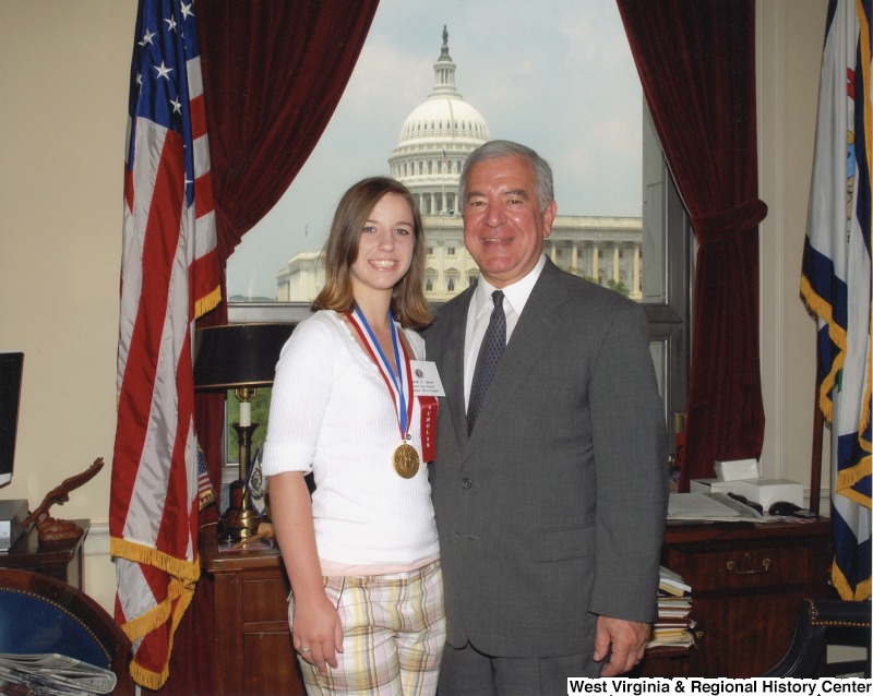 Congressman Nick Rahall (D-WV) with medal-winning Sarah Dolan in his D.C. office.