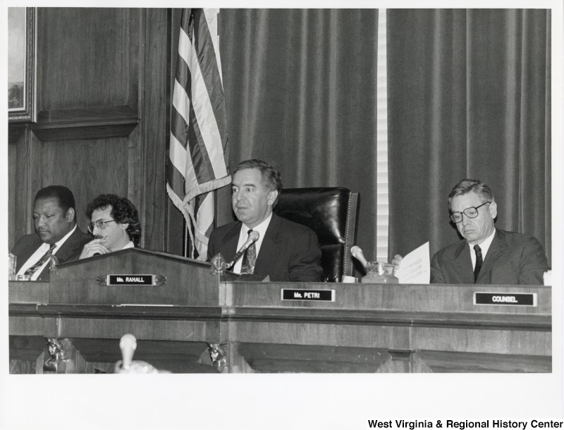 Representative Nick J. Rahall (D-W.Va.) sits behind a panel for the  Subcommittee on Surface Transportation.