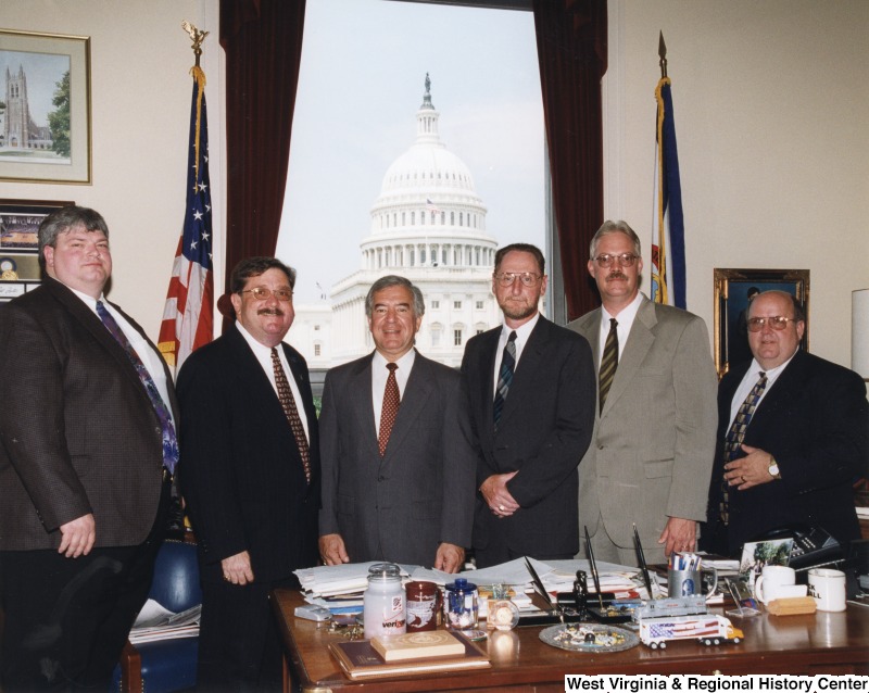 L-R: Victor McClure, Delegate Randy White (D-W.Va.), Representative Nick J. Rahall (D-W.Va.), Charles Armentrout, Tim Woody, John Reed standing in Congressman Rahall's office.